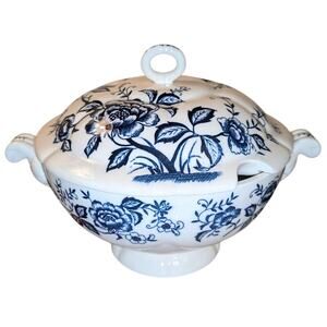 Vintage Blue Peony Japan Hand-painted Porcelain Soup Tureen Serving Bowl Mint